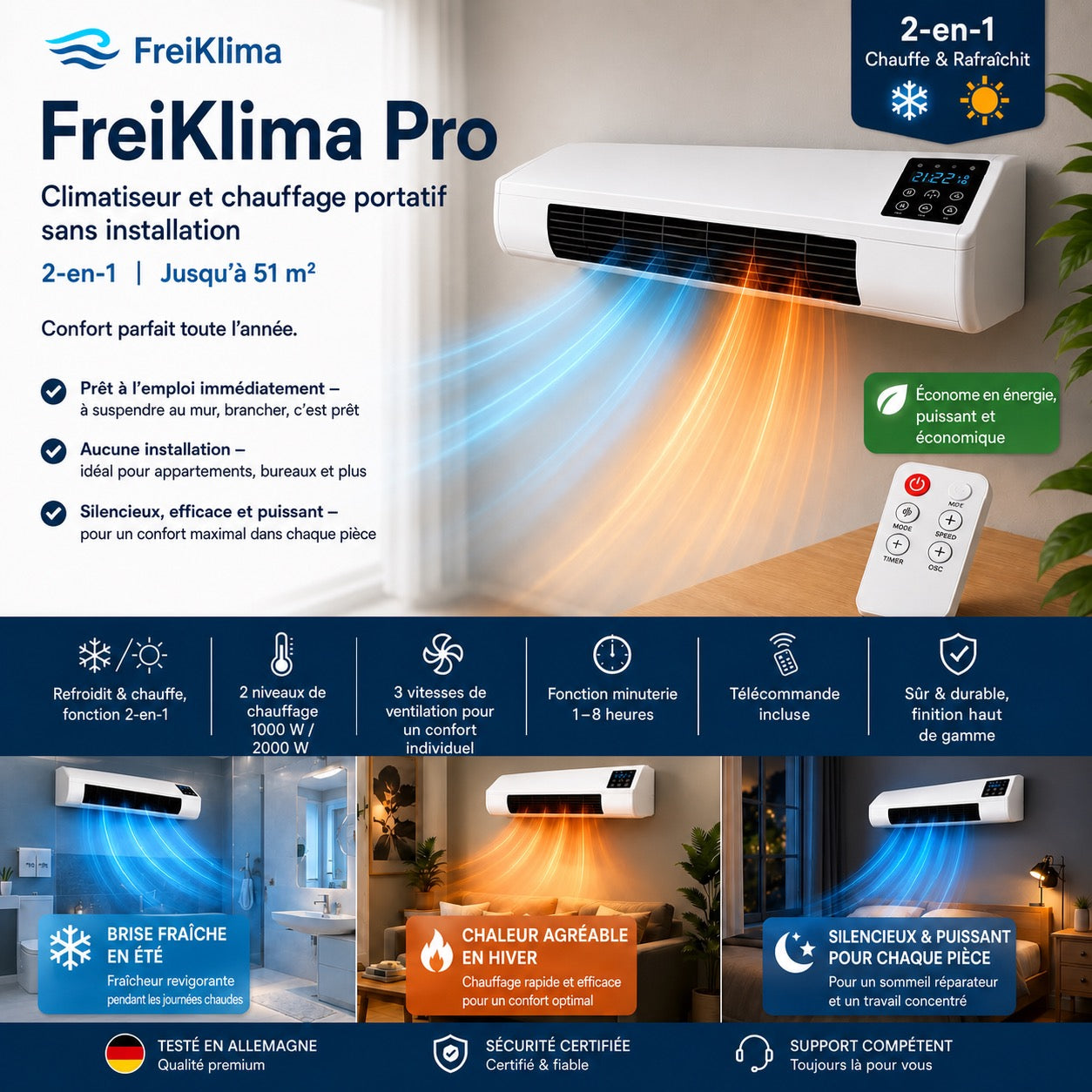 FreiKlima Pro – Portable Klimaanlage & Heizung ohne Installation | 2-in-1 Klimatisierung | Bis 51 m²