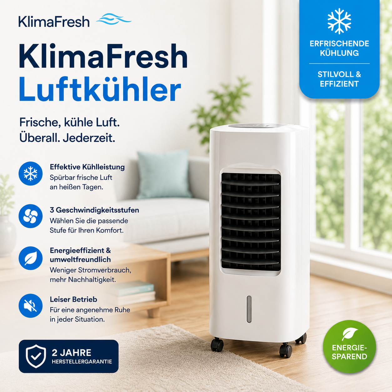 KlimaFresh – Refroidisseur d'air mobile – Aucune installation requise | Rafraîchit jusqu'à 50 m²
